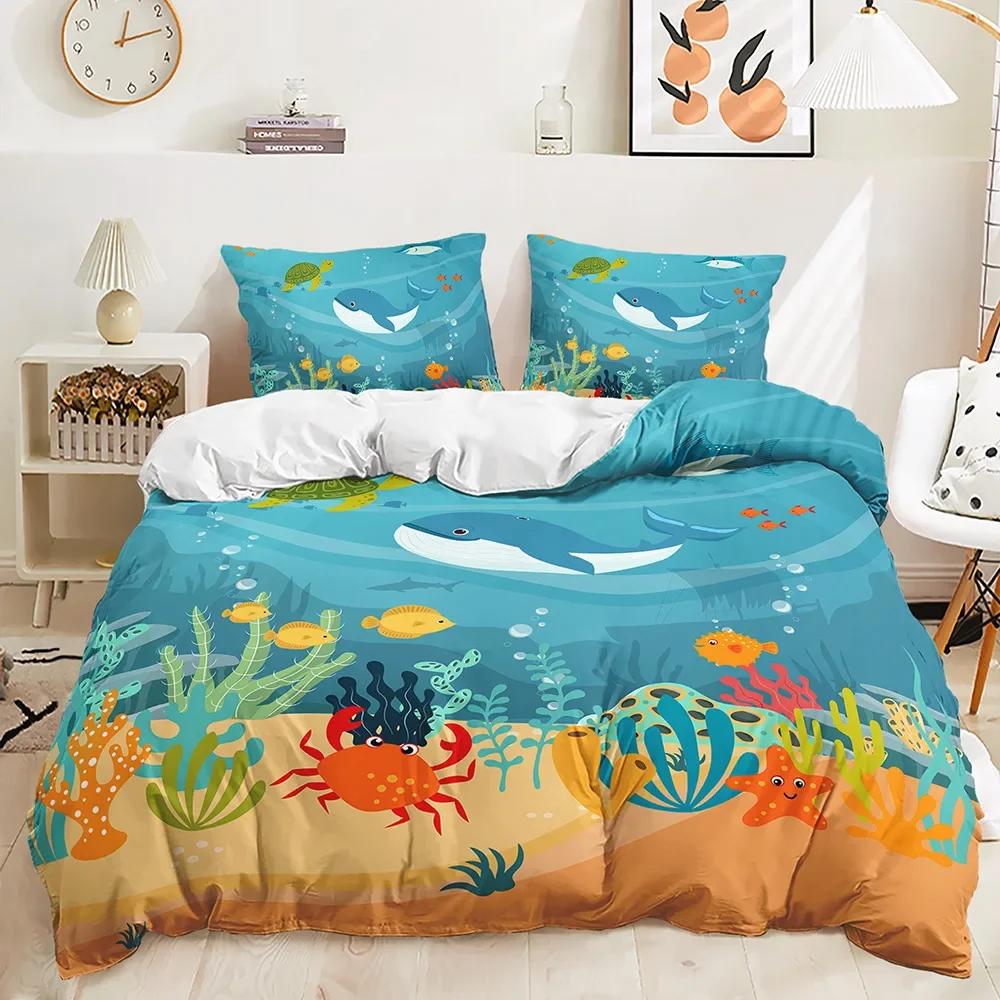 Print Fish,Dolphins, Sharks,Turtles Comfortable Quilt Cover Set for Quen, Light Blue Aquatic Shark Jelyfish Warm Comforter Cover Beding Sets