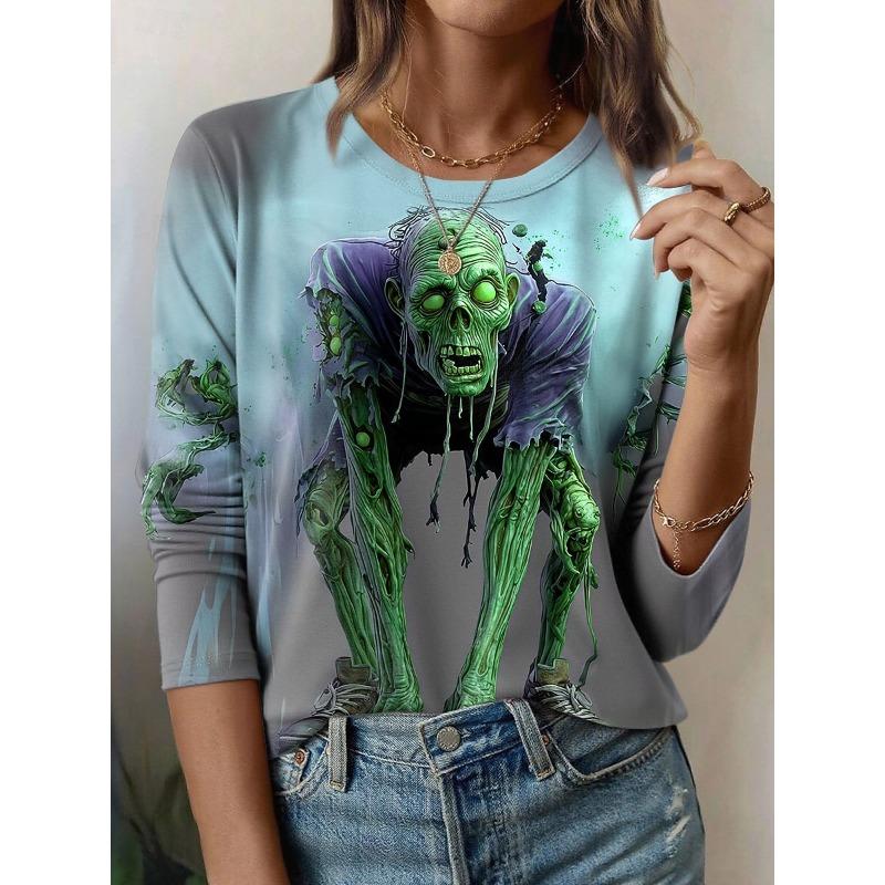Women's T-Shirt,3D Printing,O Neck,Long Sleeve,Casual,Lightweight Top,halloween,Hip Hop ,Large Size,Fashion