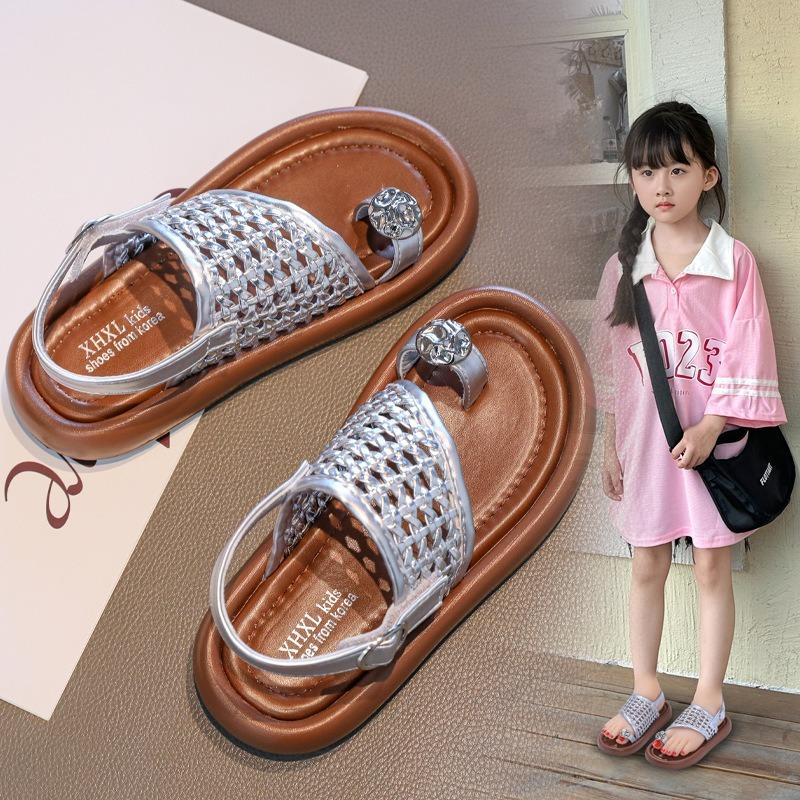 Sandálias de Encaixe com Pérolas para Meninas, Sapatos de Princesa, Sandálias de Praia Trançadas Estilosas para Bebês e Crianças, Sapatos Casuais Frescos