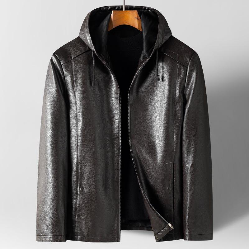 Leather Jacket Men's Handsome Hooded Casual Leather Jacket Middle-aged Dad Autumn and Winter Sheepskin Men's Jacket