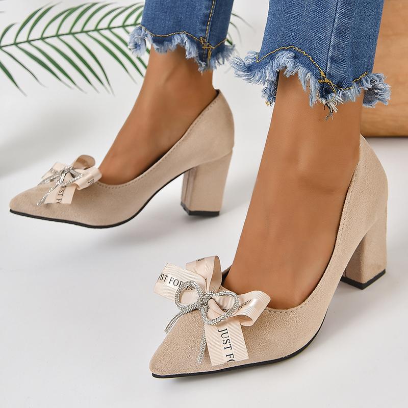Fashion Aphixta Beige Crystal Bow With Letters 7cm Heels Pumps Women Students And Adults Pointed Toe Flock Suede Shoes Plus Size 30-50