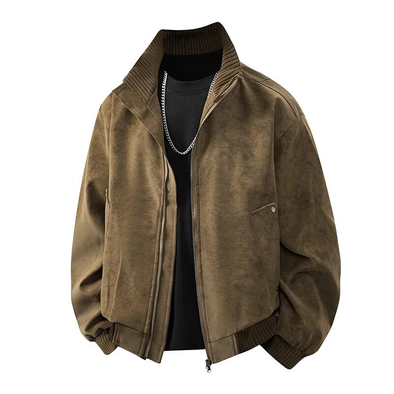 Wassup Sohot American Style Stand-Collar Tie-Dye PU Leather Bomber Jacket