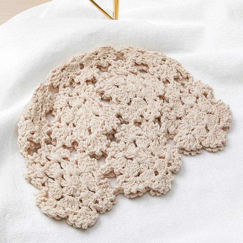 Fashion Flower Embroidery Hollow Crochet Knitted Hat French Retro Beanie Accessories