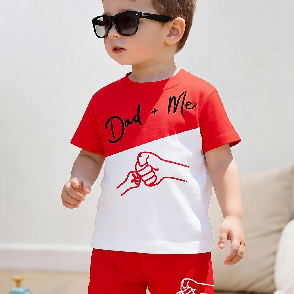 New Summer Boys' Sporty Fashion Color-Block Father & Son Fist Bump Print Round Neck Short Sleeve T-Shirt + Shorts 2pcs Set 2026
