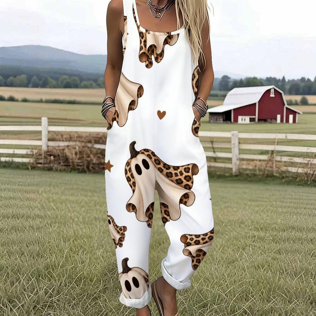 Women Plus Size Sleeveless Strap Jumpsuit White Leopard Football Helmet Print Loose Overalls With Pockets