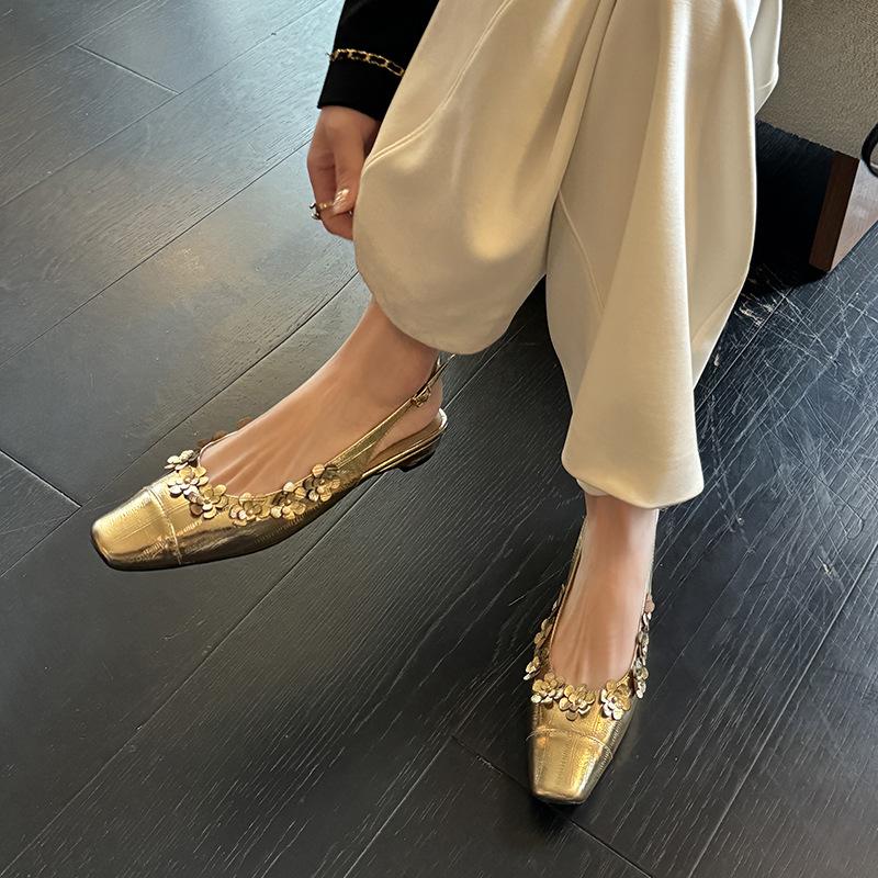 Leather~ French beautiful temperament flower thick heel light mouth empty bag head golden sandals women's flat silver single shoes