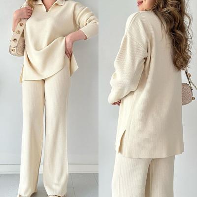 Set Pantaloni Due Pezzi Donna Maglione Lavorato a Maglia Scollo a V Manica Lunga Patchwork Vestibilità Ampia Pantaloni Set Abbinati Pantaloni Casual Donna d'Ufficio