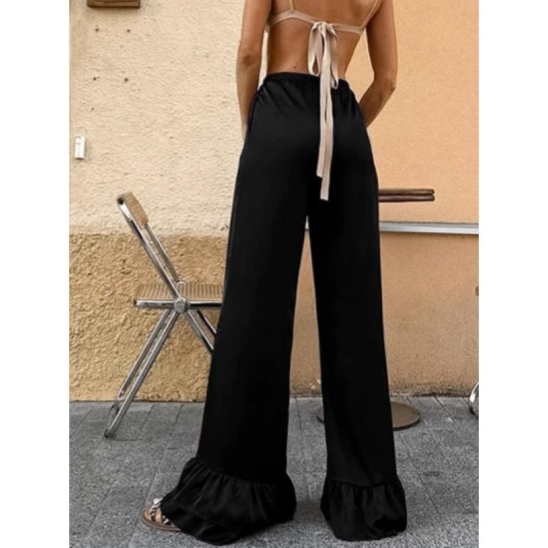 Stylish Black Bell-Bottom Pants For Women Summer Street Style Thin High-Waisted Satin Wide-Leg Casual Pants For Women