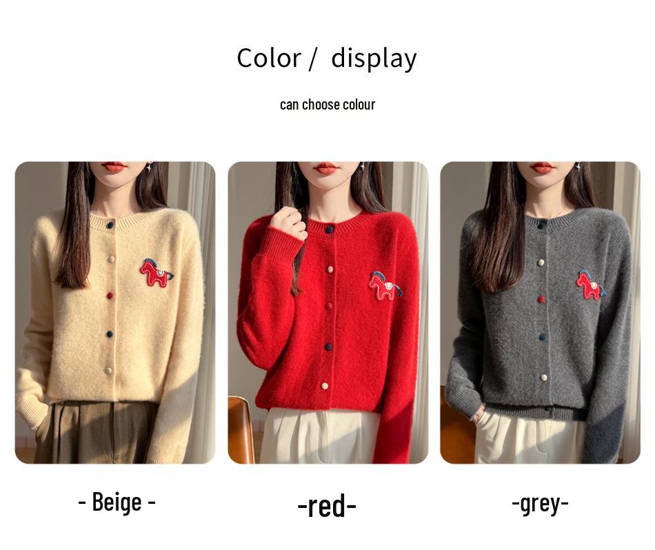 2026 Autumn/Winter Wool Sweater: Round-Neck Knit Cardigan with Colorful Buttons, Small Horse Design, Red Zodiac New Year Outerwear
