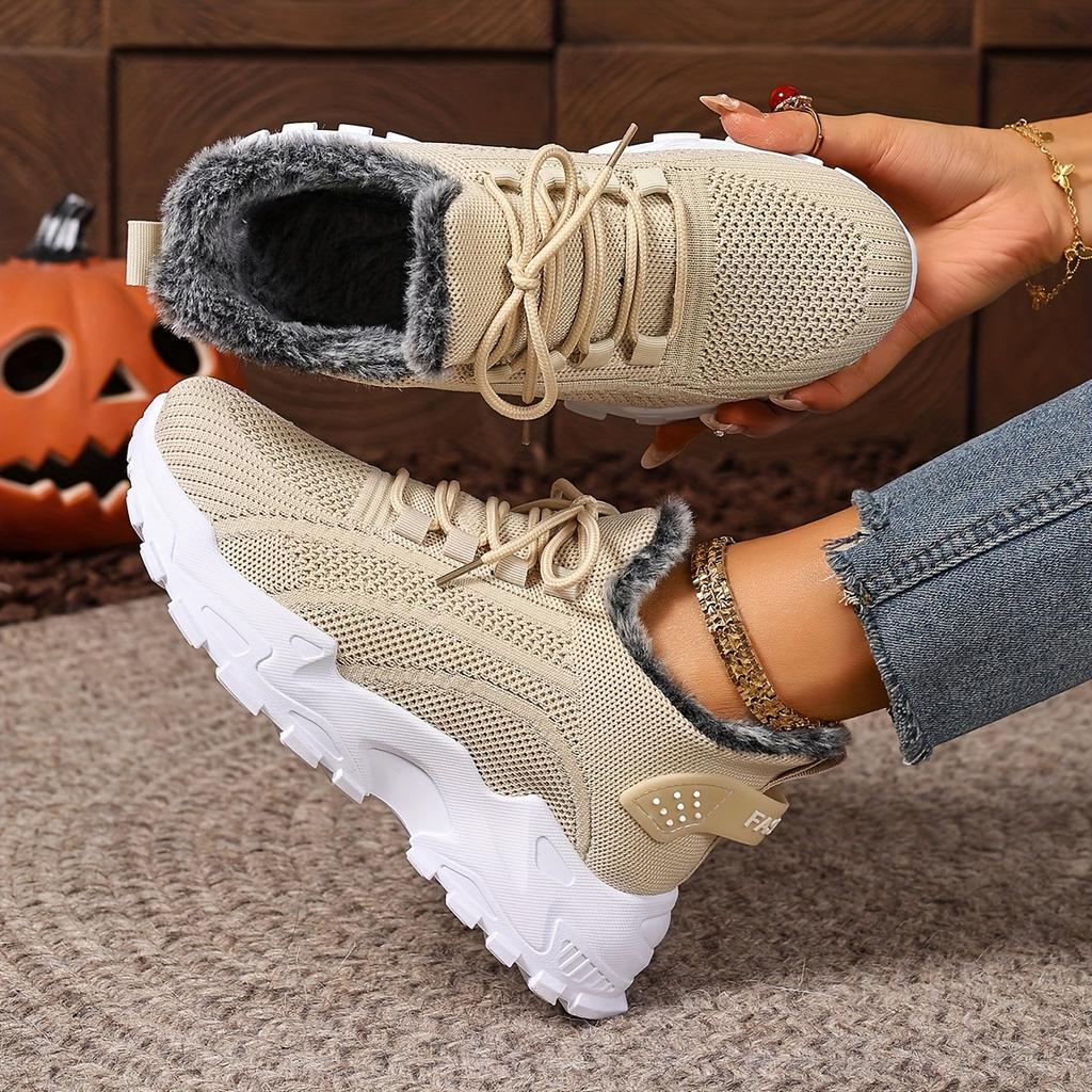 Women's Winter Sneakers With Fur Warm Sneakers For Women Shoes Red Sneakers Woman Plush Breathable Mesh Ladies Casual Shoes