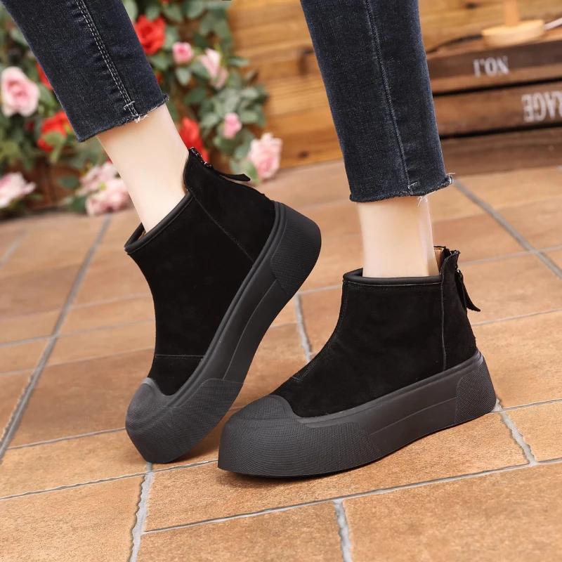 Ladies Shoes New Slip On Women's Flats Winter Round Toe Plush Fleece for Warmth Solid Short Barrel Platform Boots Botas De Mujer