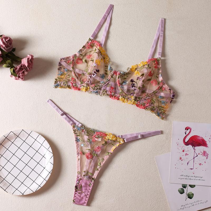 Lingerie Set for Women Sexy Floral Single Layer Underwire Bra Thong Sexy Lingerie Set Women 2-piece Underwear Set