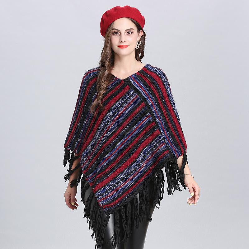 Exclusive For South American Tassel Cape Shawl V-Neck Diagonal Striped Pullover Women 1527 #