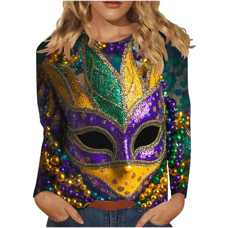 3D Mardi Gras Mask Printed Top Casual Long Sleeved Women's T-shirts - Soft Medium Stretch Polyester Fabric Spring and Autumn Relaxed Fit Clothing