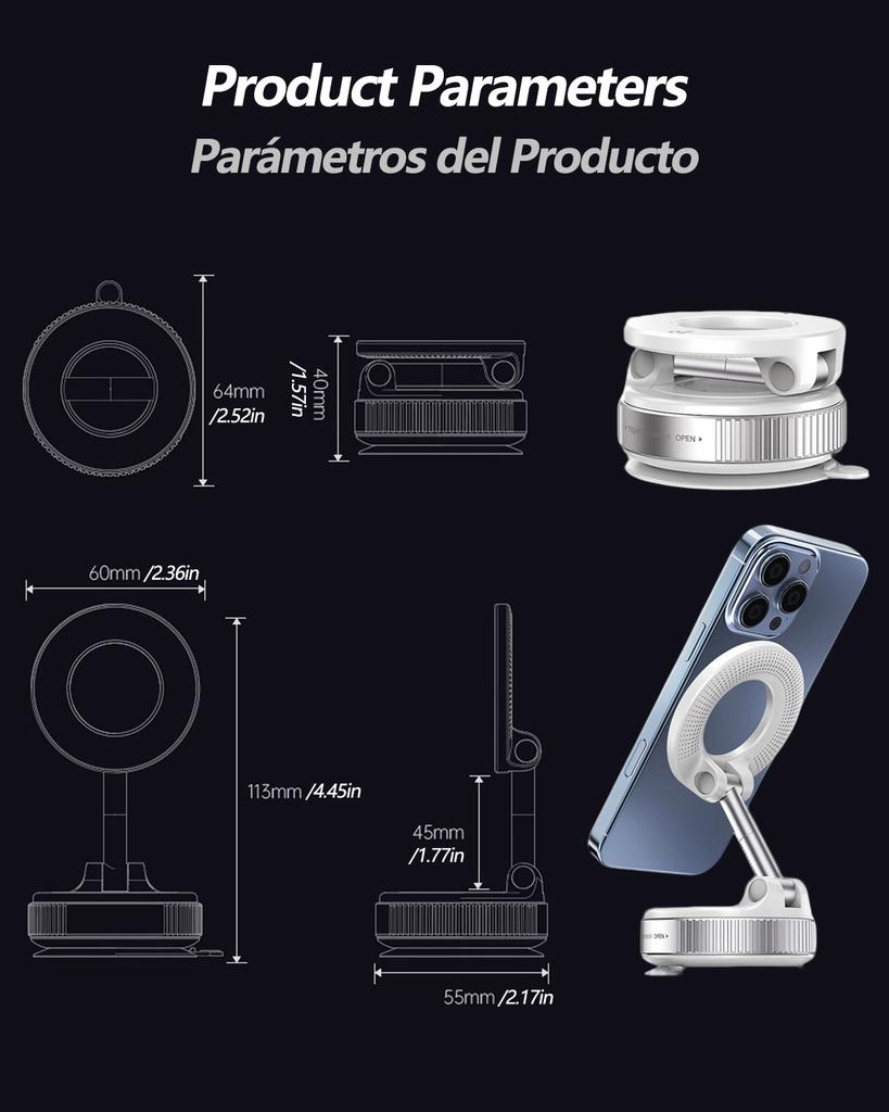 K007/K009 Strong Magnetic Car Phone Holder Foldable Design 360° Adjustable Vacuum Mount for Car/Desk/Bathroom/Universal Use