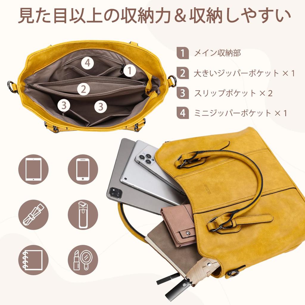 VASCHY Tote Bag for Large Capacity Shoulder Business PU A4 Detachable Zippered Shoulder Perfect for and Casual Yellow Women, Bag, Bag, Handbag,