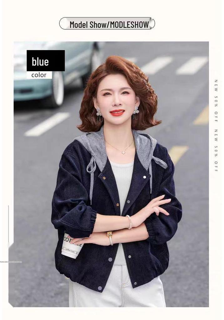 Stylish 2026 Spring Denim Jacket for Middle-Aged & Elderly Women - Casual Hooded Outerwear
