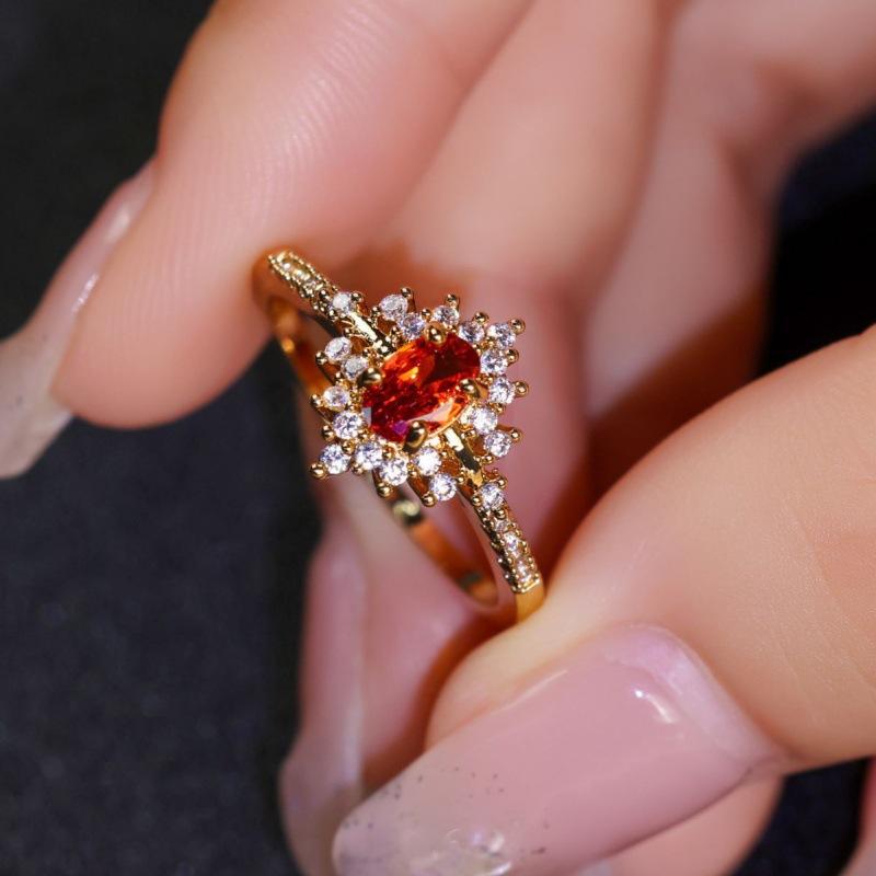 Hot Sale New Luxury Four-claw Zircon Gold Egg-Shaped Pomegranate Red Diamond Shining Ring Women no. 6