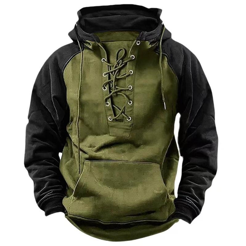 Men Color Block Raglan Hoodie Lace Up Henley Front Pocket Vintage Washed Pullover Sweatshirt S зелёный
