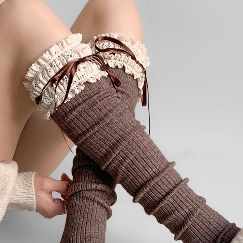 Women Japanese Student Winter Warm Cotton Over Knee Long Socks Elegant Ruffled Lace Top Bowknot Thigh High Stockings