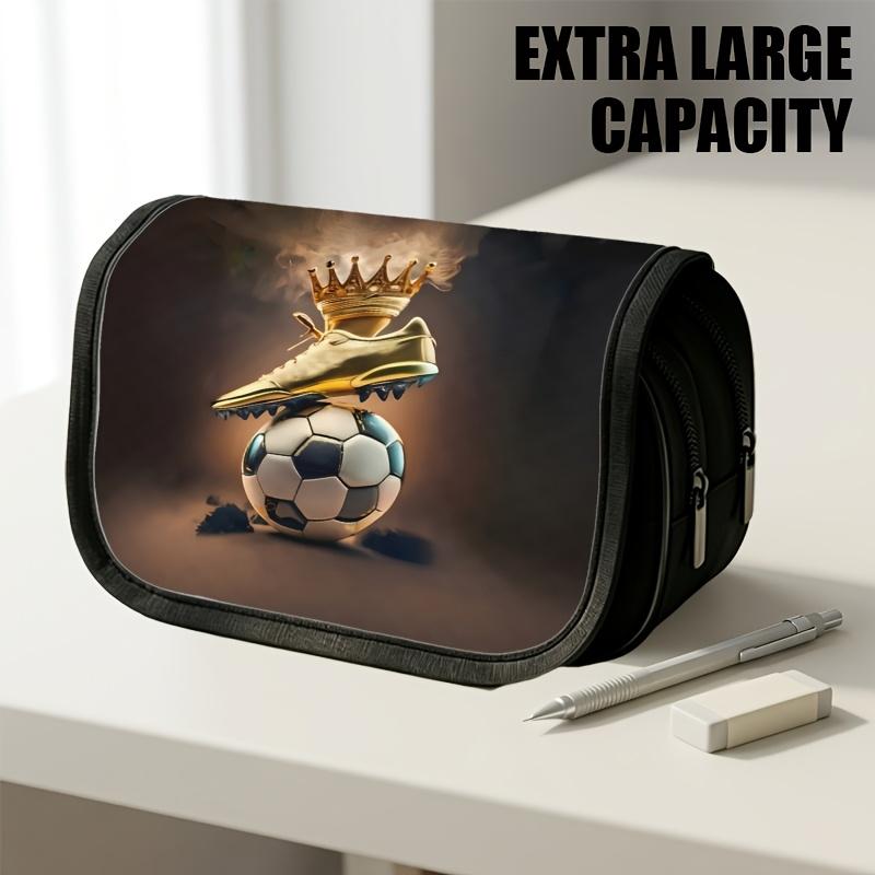 1pc Double Layer Flip Pencil Case, Black Soccer Cleat Print, Large Capacity, Portable Polyester Pen Storage Bag with Zipper Closure, Ideal for School