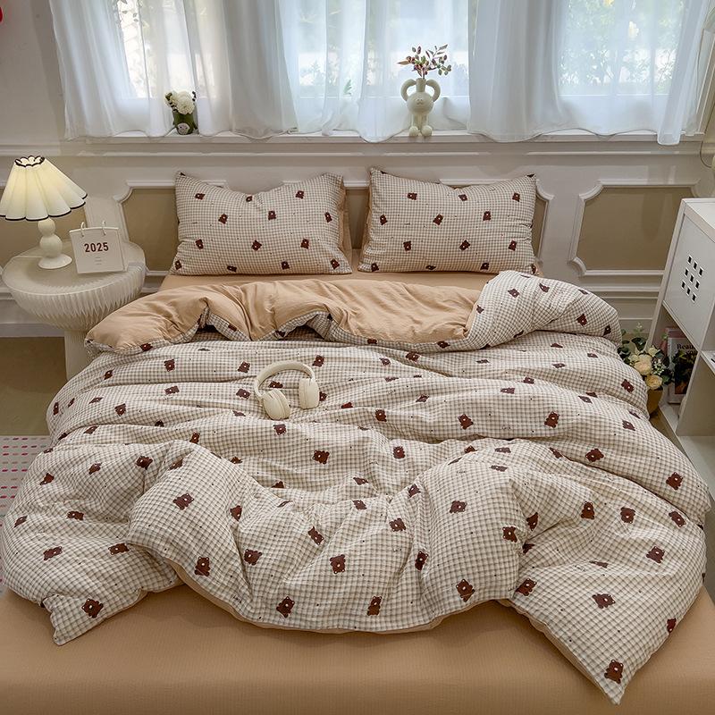 Cream Wind Double Yarn Bedding Four-piece Set Skin-friendly Breathable Washed Sheets Quilt Cover Pillowcase