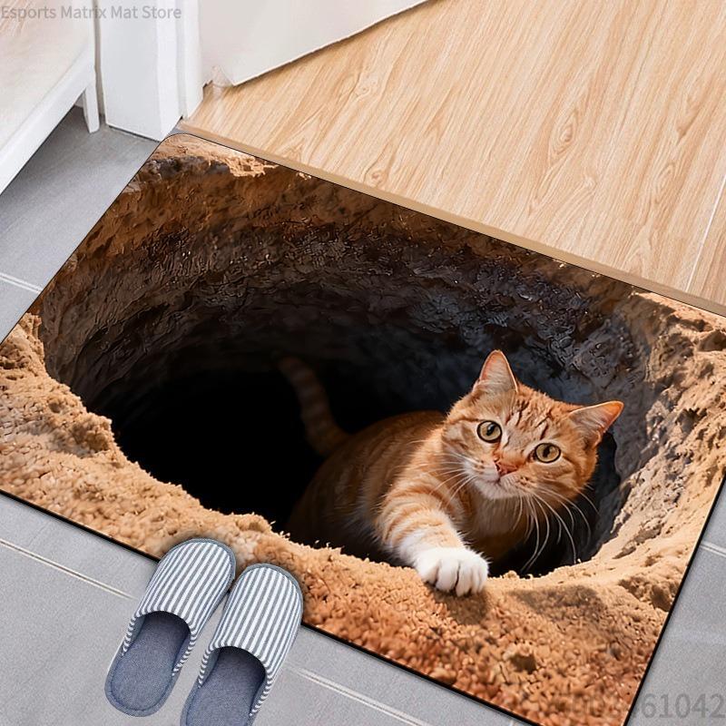 Zerbino Gatto Illusione 3D con Strisce Arancioni che Sbircia dall'Ingresso di una Fossa di Pietra Tappetino Antiscivolo per Amanti degli Animali Domestici Regalo