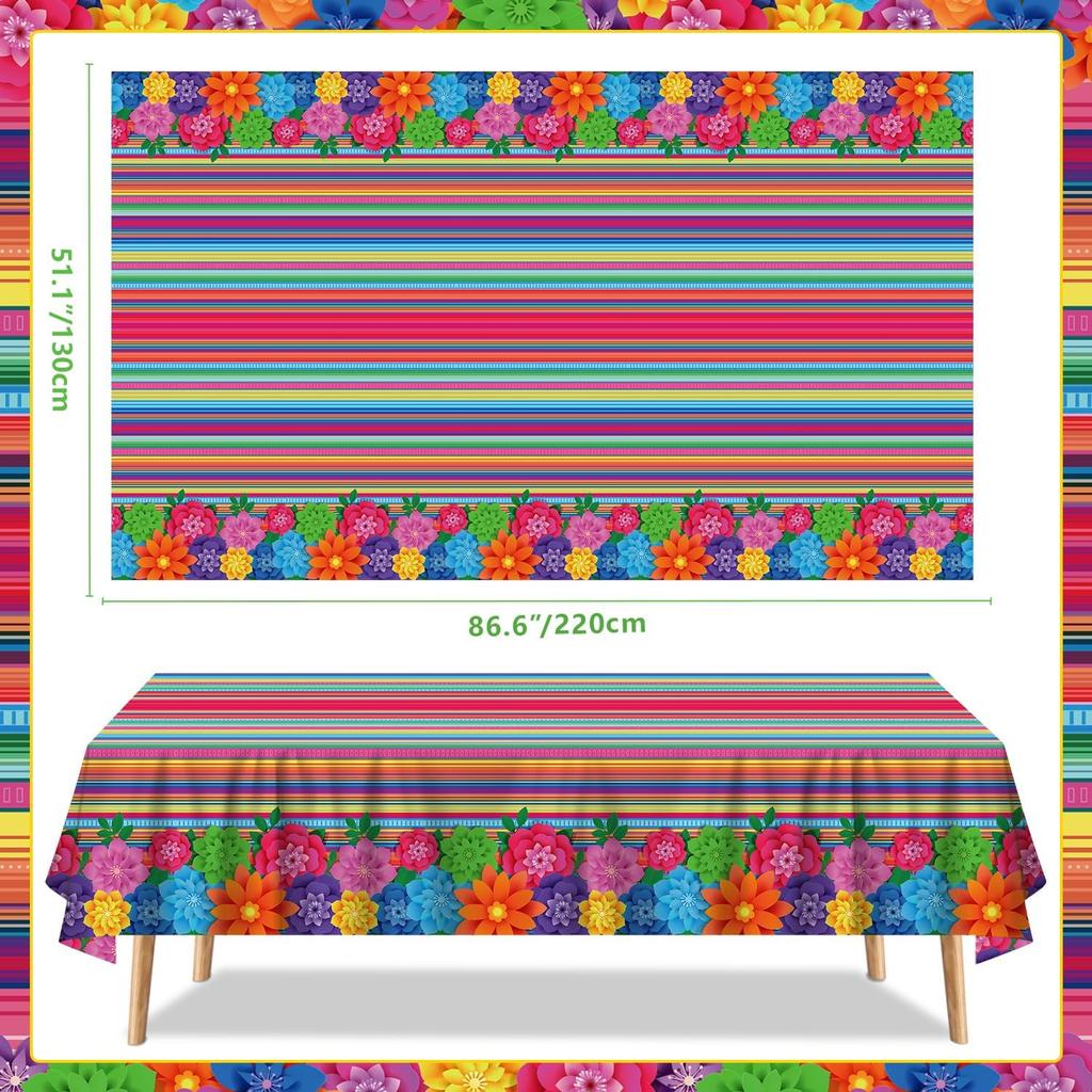 4PCS Mexican Holiday Theme Table Cloth Mexican Fiesta Tablecloths Cinco De Mayo Table Cover Mexico Colorful Striped Paper Flower Table Cloth for