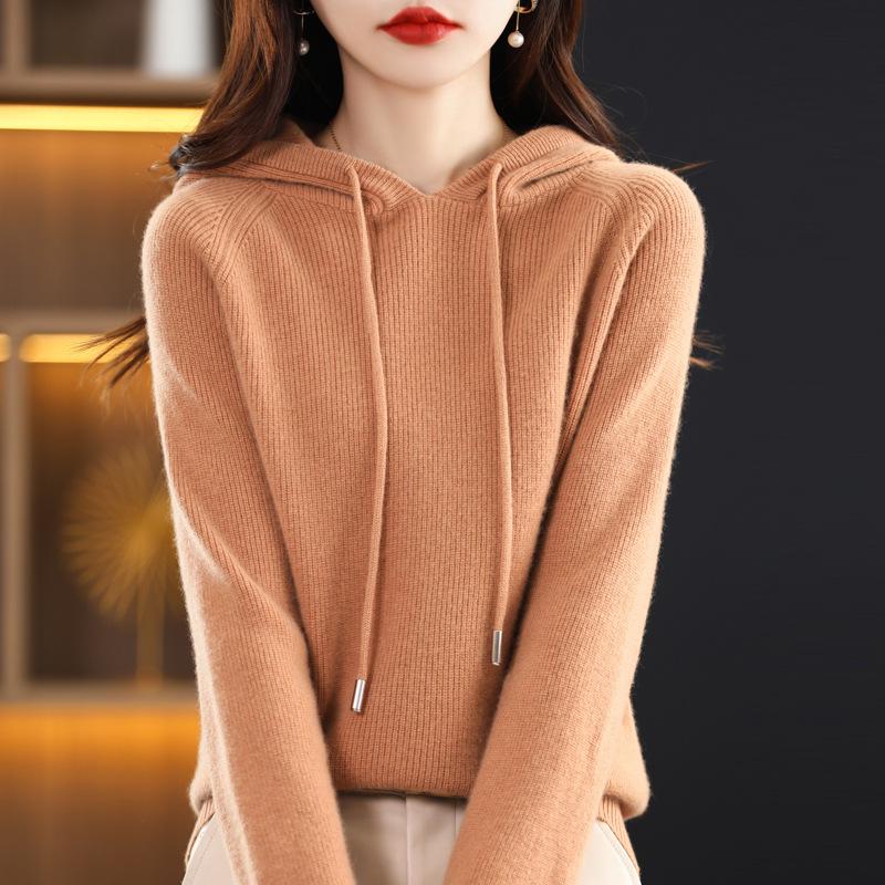 Women's 100% Wool Hooded Sweater - New Autumn/Winter Cashmere Knit Base Layer Hoodie