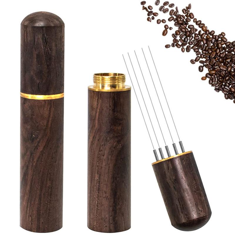 Stainless Steel 6-pin Espresso Distribution Tool Coffee Distributor Espresso Stirrer with Walnut Handle Replaceable Needles