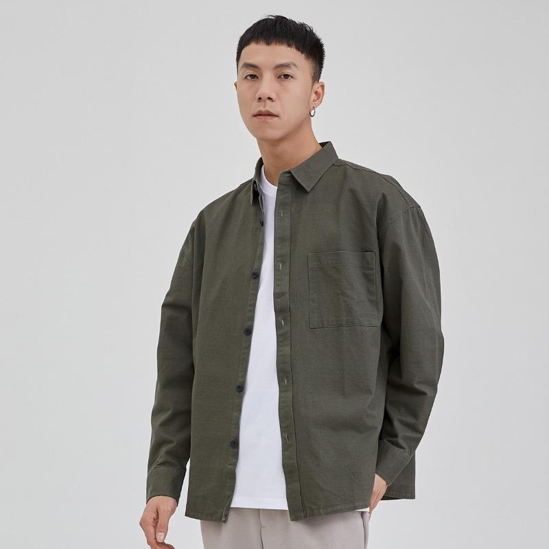 Japanese Pure Cotton Solid Long-sleeved Shirt Casual Loose Pocket Work Shirt Men's Clothing