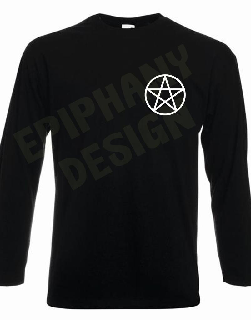 Pentagram Pagan Men's T-Shirt Long Sleeve Wicca Crowley Satanic Chest Design