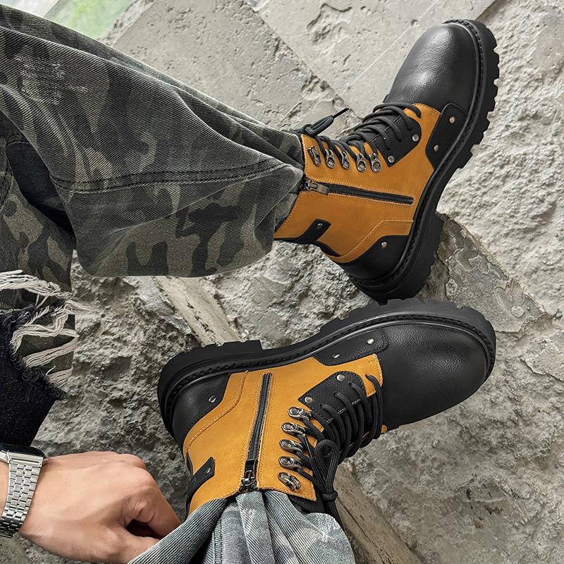 2025 New Men's Thick Sole Lace-Up Ankle Boots Retro Contrast Color Design Elevator Sneaker Boots Luxury Brand Male Walking Shoes