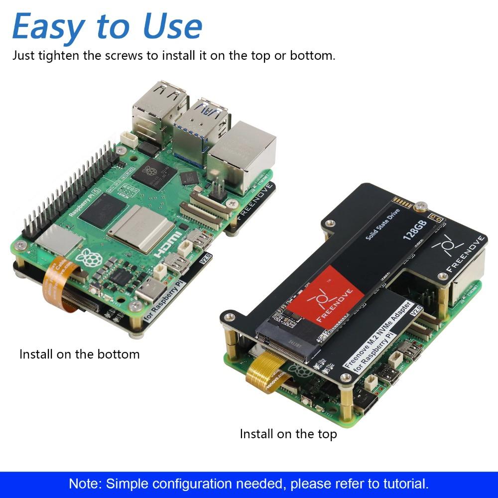 Freenove M.2 NVMe Adapter V2 for Raspberry Pi 5 with 128GB 256GB 512GB SSD, M.2 HAT Add-on Board, PCIe 2.0 3.0, 800MB/s