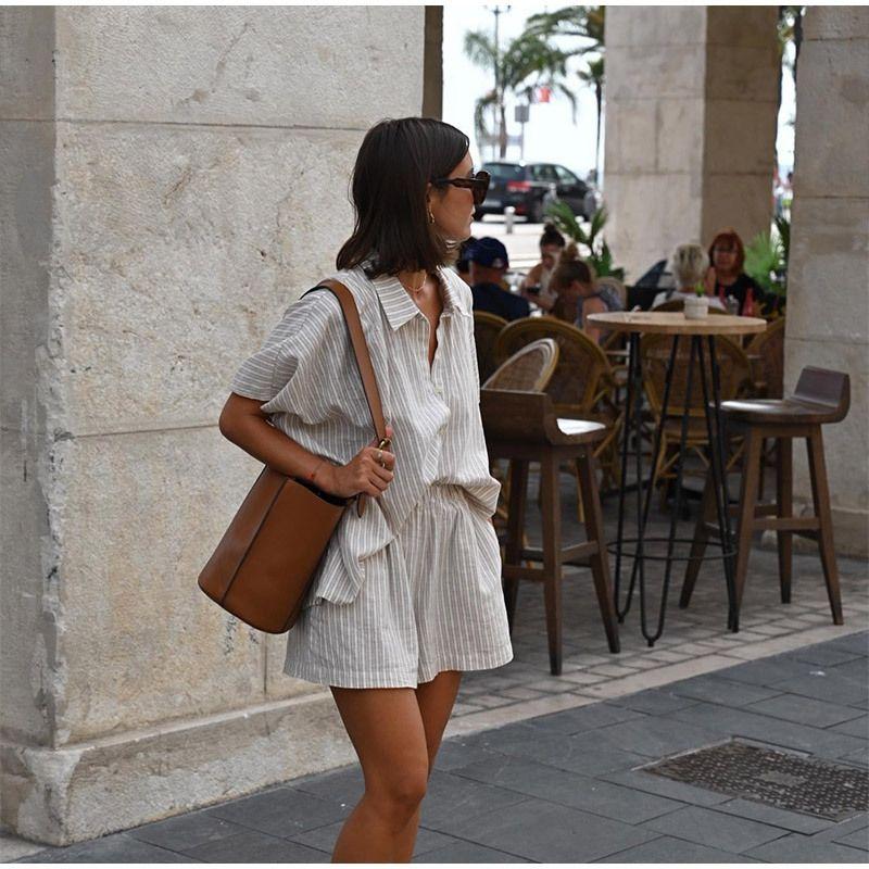 Striped Shirt Shorts Set Western Style New Fashion Loose Stripe Shirts Shorts Set