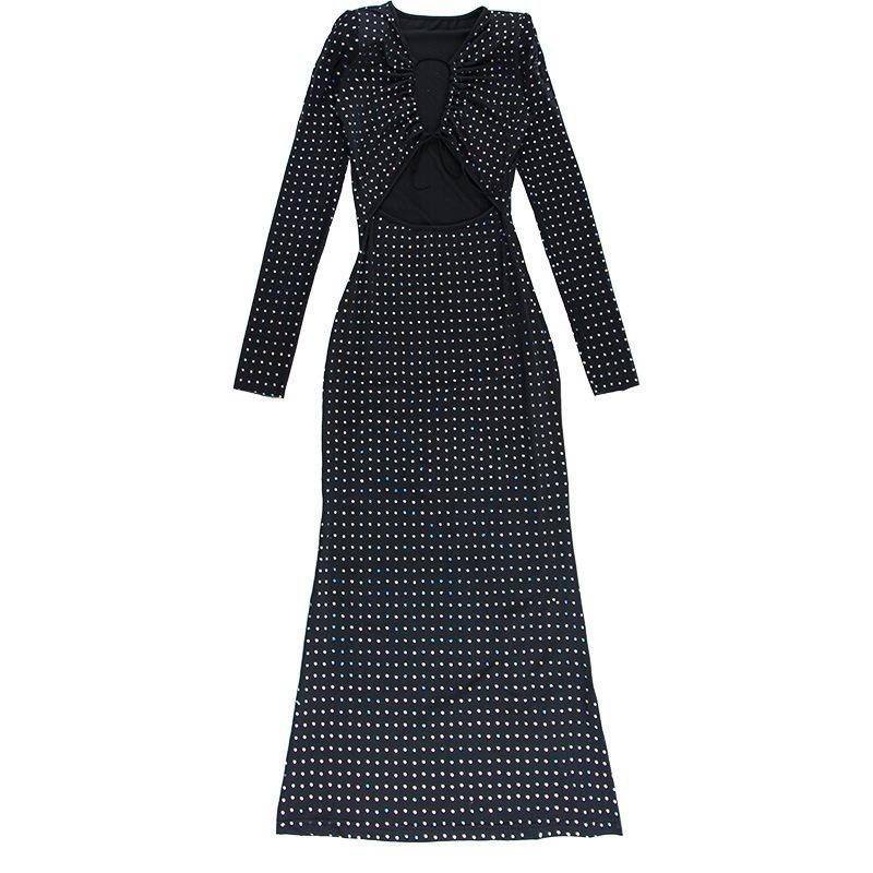 Fashion Sequin Lace-up Hollow Out Sexy Evening Dress Women Long Sleeve Mesh Splicing Party Dresses Women Elegant Slim Casual Black Long Dress 25750