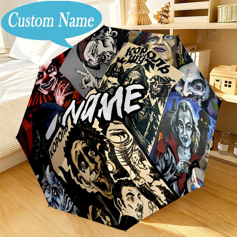 Custom Name Umbrella Halloween Horror Icons Umbrella 8-Frame for Travel, Camping, Casual Lightweight Portable, Essential for Family Gifts
