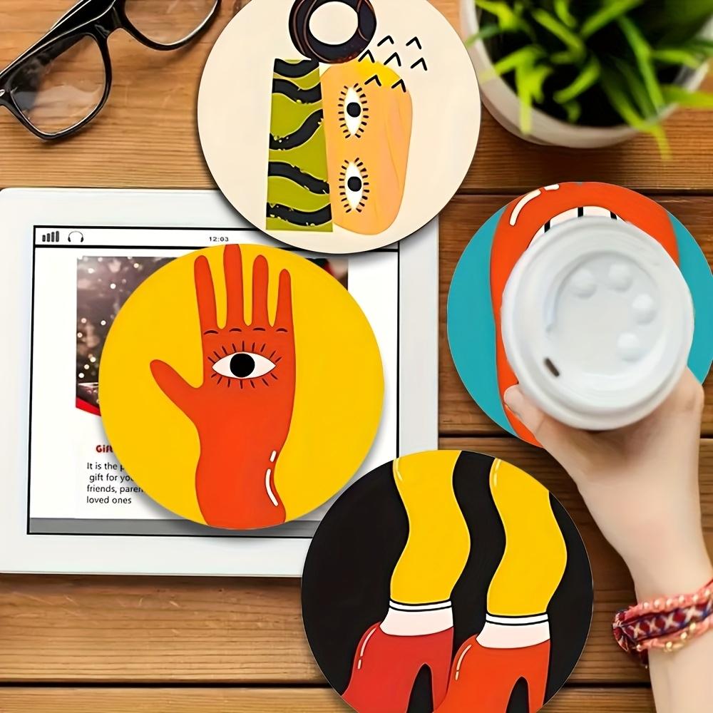 Set of 6 2D Drink Theme Pattern Art Coasters Round Wooden Heat Resistant Non-Slip Home Decor Gift Multifunctional Decoration