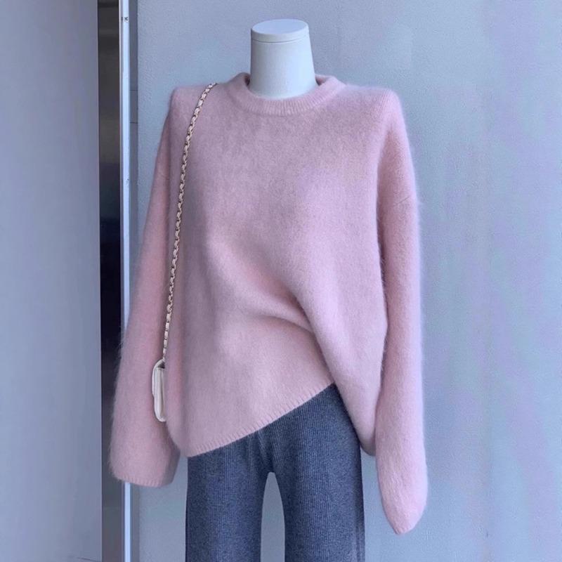 Pink thickened crew neck pullover sweater women's autumn and winter new raccoon velvet soft waxy loose outer wear knitted sweater