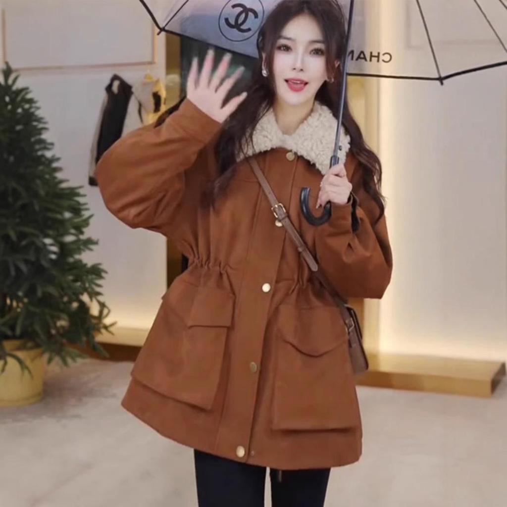 2024 Petite Women's Korean Style Patchwork Lambswool Cotton Parka - Casual, Versatile, and Thickened for Autumn/Winter