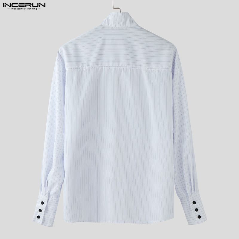 INCERUN Men Spring Stand Neck Long Sleeve Striped Casual Oversized Shirts Tops