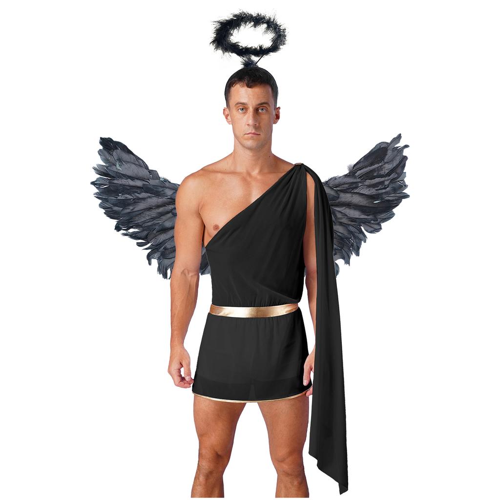 Pánský overal s jedním ramenem Anděl s péřovými křídly a pokrývkou hlavy Vestavěné šortky Cosplay kostým pro Halloween Rave Párty