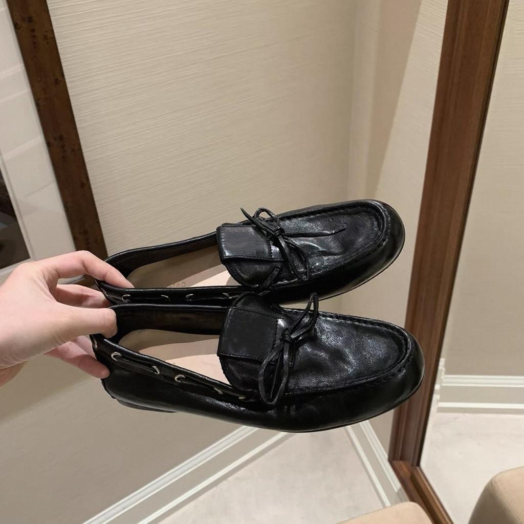 Grape Home~ Cowhide Edition Sydney Weekend~ Washed Horse Leather Pattern British Style Bow Doudou Loafer Leather Shoes Women