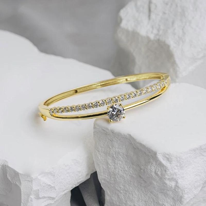 

Huitan Novel Stylish Bangle Women Unique Double Lines Dazzling Cubic Zirconia Hand Accessories Simple Bright Jewelry for Party