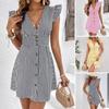 Vestido de Mujer con Estampado de Rayas Verano Abotonado Delantero Corto Vestido Línea A Manga Corta con Volante Cuello en V Mini Vestido de Fiesta