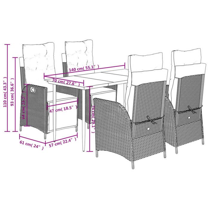 VidaXL Garden Dining Set with Cushions 5 Pcs, Table and Chairs with Adjustable Backrest, Outdoor Furniture, 3213422