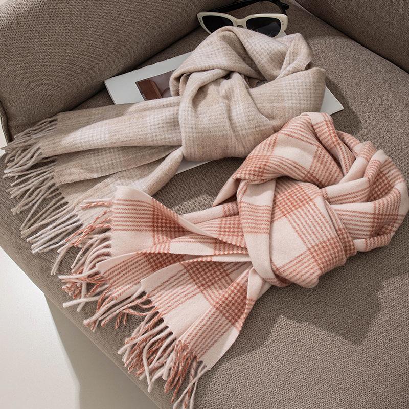 Wool Scarf Versatile Sweet Style Winter Warm Plaid Scarf Ins Korean Version Pink Plaid Scarf for Women