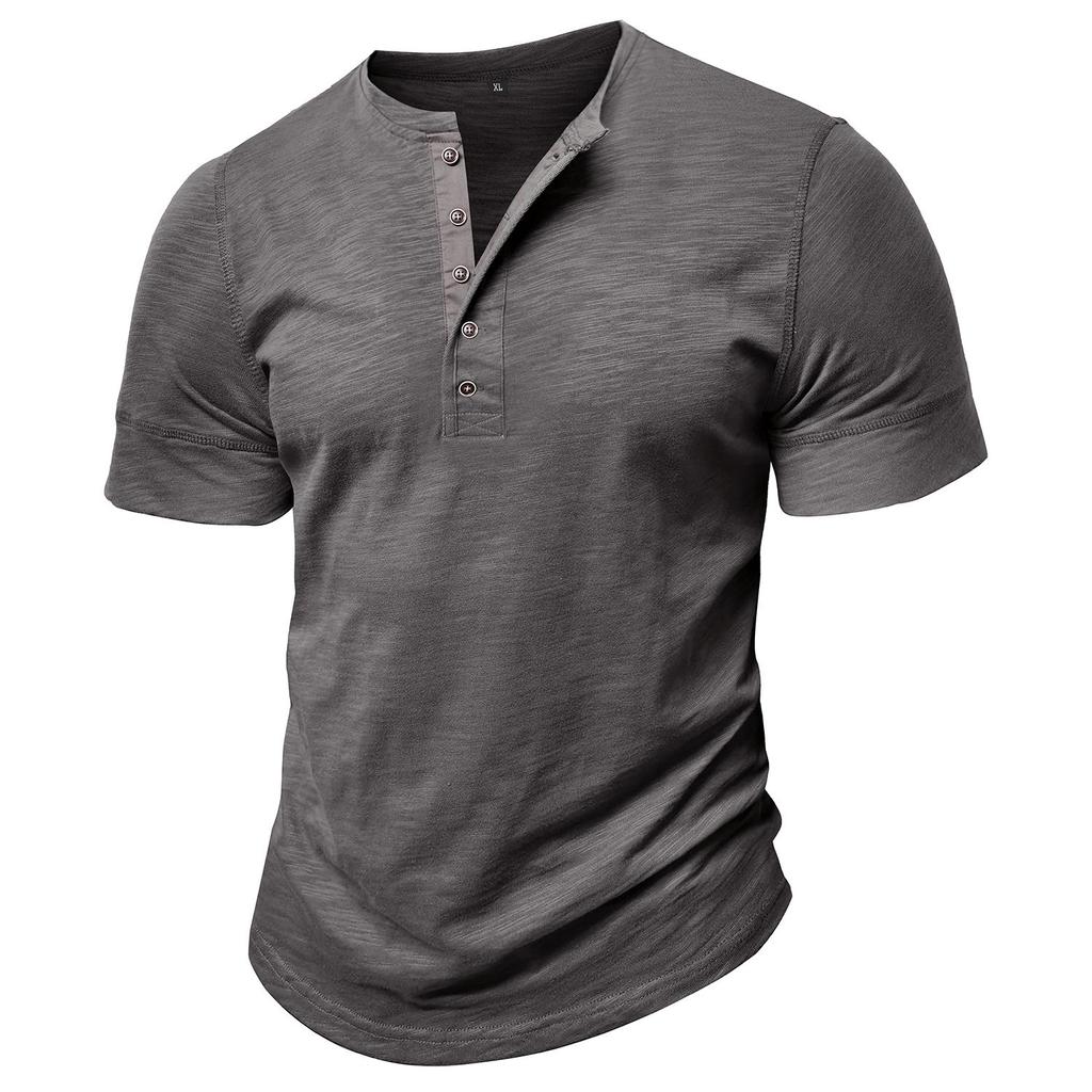 Men’s T-shirts Henley Collar Short Sleeves Cotton Polo Shirts Solid Color Casual Tops