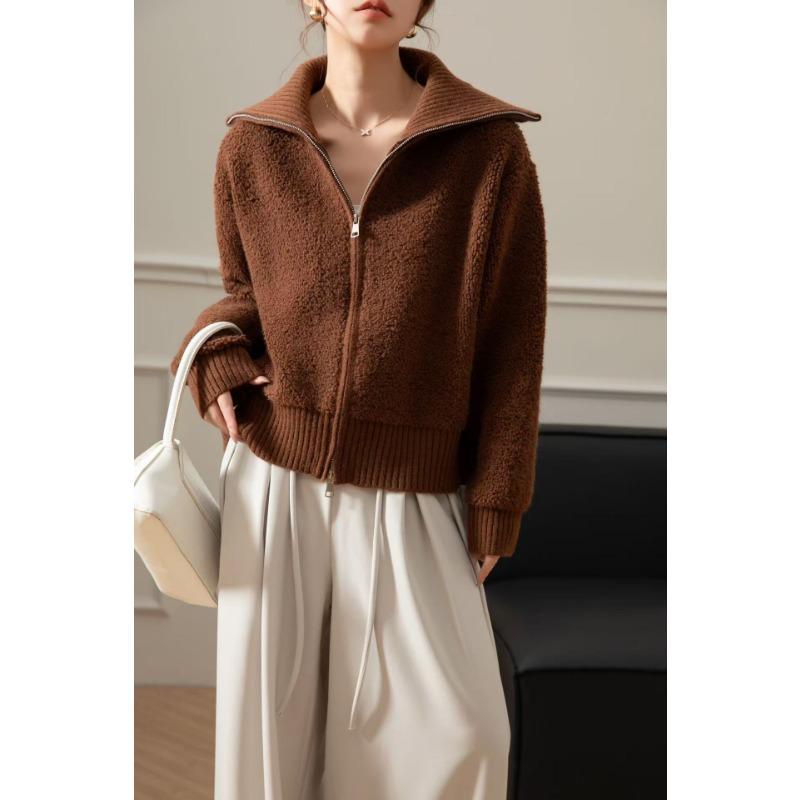 

Осень и зима новый кардиган из вязаной овечьей шерсти с большим лацканом на двойной молнии женский в универсальном стиле для ленивого ношения One size