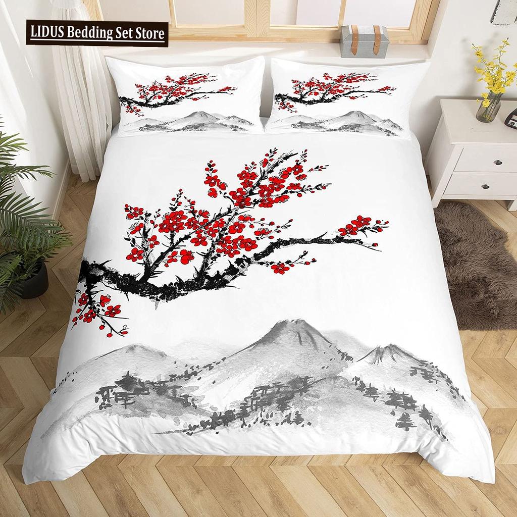 Japanese Duvet Cover Set,Branch Of A Flourishing Sakura Tree Flower Cherry Blossoms Spring Theme Art Japan Bedding Set Full Size